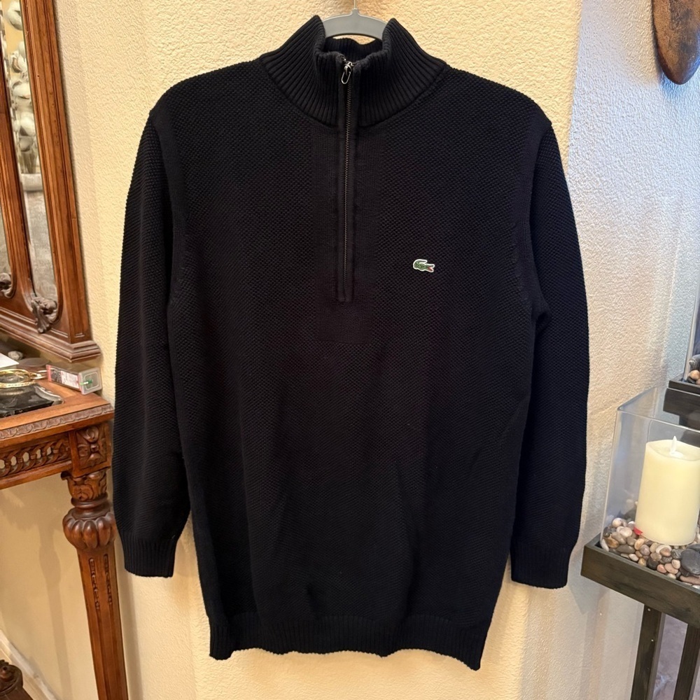 LACOSTE Men Black Half-Zip Sweater Size 5 (Medium)-Made in Peru